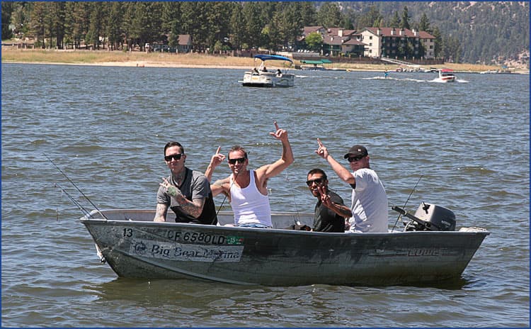 A group in a Big Bear Marina fishing boat on the water