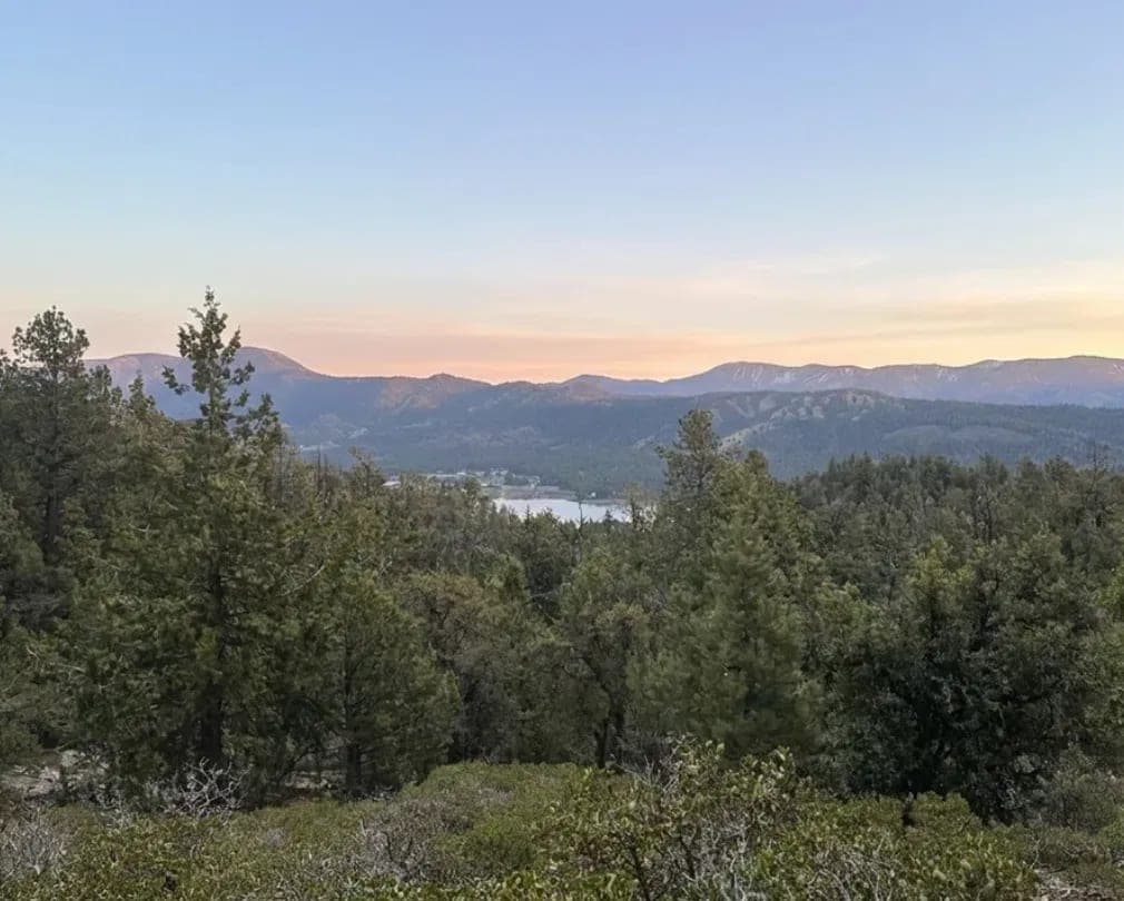 The view over Big Bear Lake and the San Gorgonio range from the Cougar Crest ridgeline at dusk